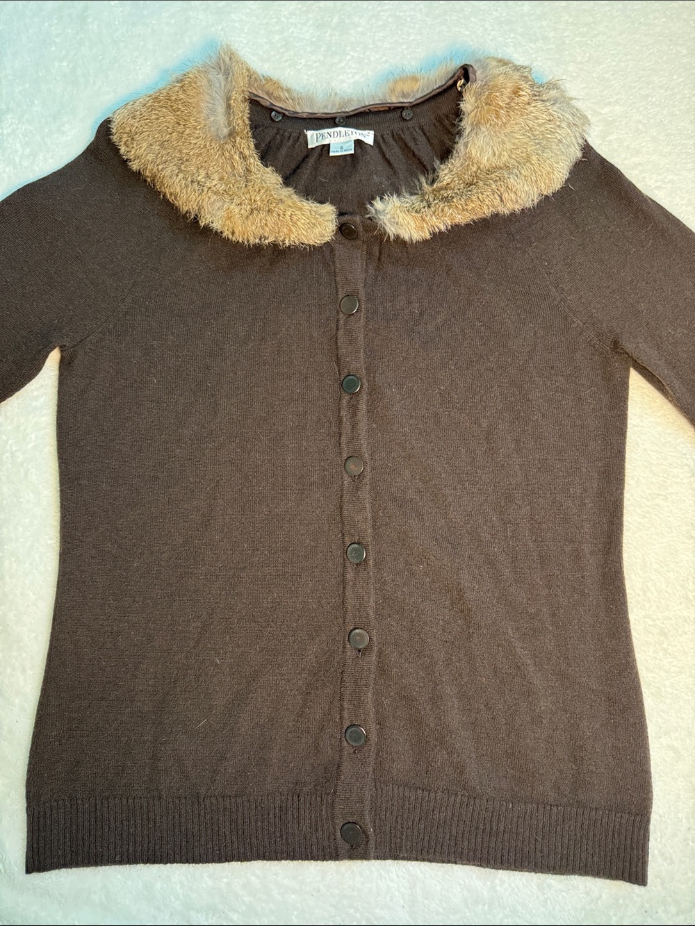 Pendleton brown lambswool button up cardigan w/removable rabbit fur collar. S.